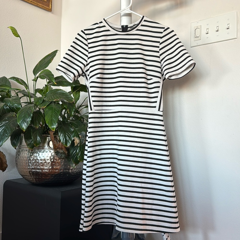 Soprano striped White Black Mini Dress Sz M Crew Short Sleeve Stretchy